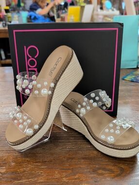 Corkys Pearl-Embellished Clear Strap Wedge Sandals in Beige, New In Box